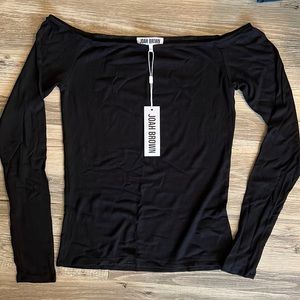 JOAH BROWN off-shoulder long sleeve ribbed henley tee | black